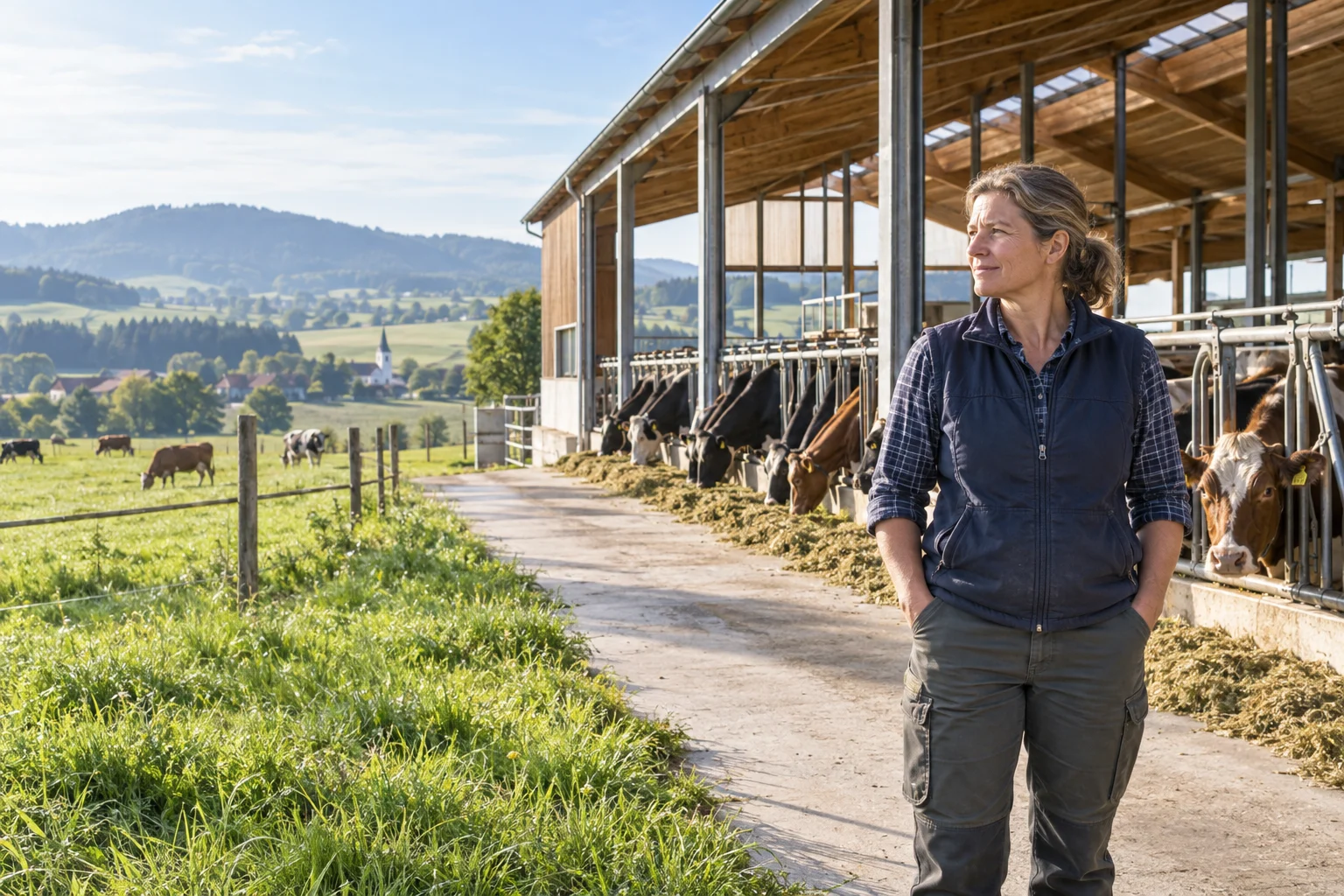 Deutscher Rinderbetrieb mit offenem Stall, Grünland und Bewirtschafterin